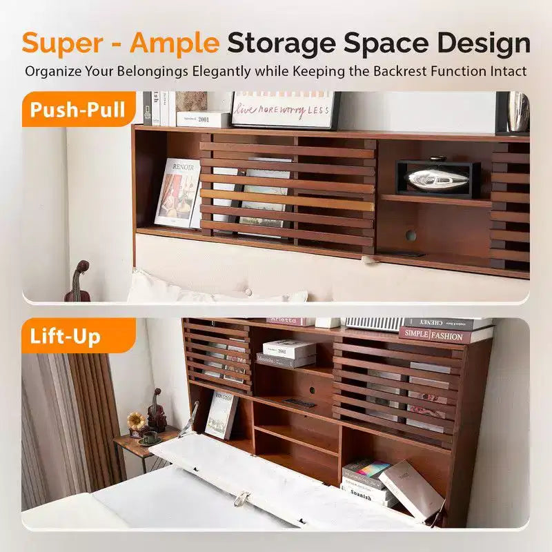 Cadre de lit en bois brun de luxe Karl Home, taille double, plateforme avec tête de lit capitonnée à LED, station de recharge