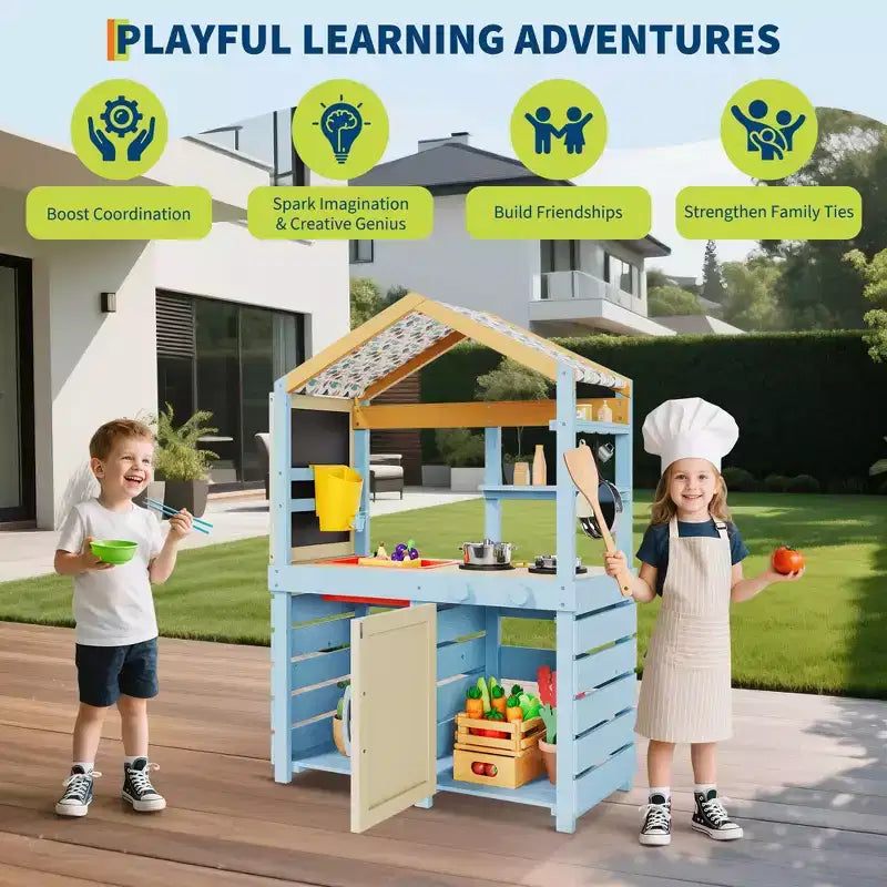 Cuisine en bois d'extérieur pour enfants, avec auvent, robinet, évier, tableau noir, crochets de suspension, cadeau pour garçons et filles de 3 ans et plus