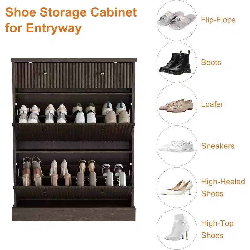 Armoire à chaussures étroite et cannelée 42, 2 tiroirs basculants et tiroir supérieur, profil incurvé, organisateur en bois pour entrée, couloir