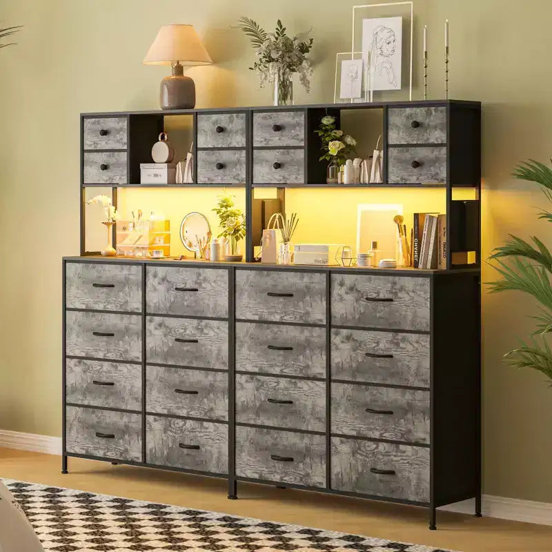 Commode de chambre, commode en tissu à 12 tiroirs, étagères ouvertes, plateau en bois et cadre en métal pour chambre à coucher, couloir ou salon