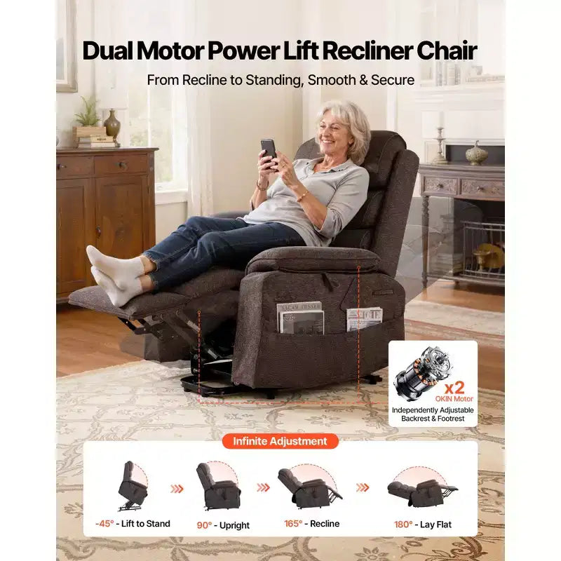 Fauteuil inclinable et releveur électrique VEVOR, Fauteuil releveur double moteur de taille moyenne avec chauffage et massage pour personnes âgées, Position réglable, Télécommande, Marron