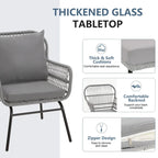Ensemble de bistro 3 pièces pour terrasse, salon de jardin en rotin tressé avec table en verre et 2 fauteuils larges, coussins d'assise