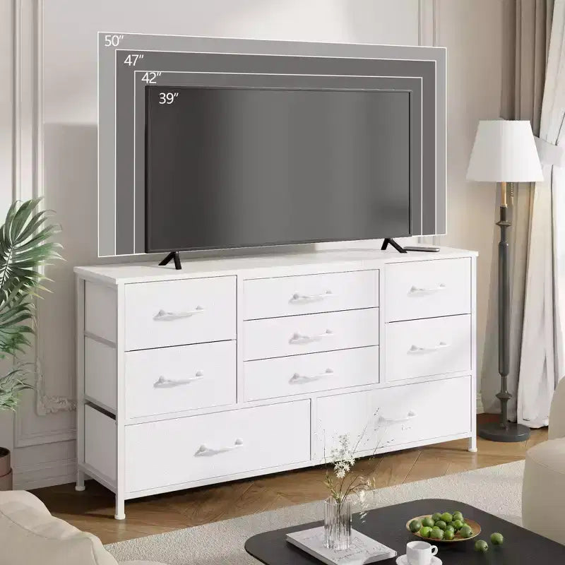 Commode de rangement moderne blanche à 9 tiroirs, dessus en bois, organisateur en tissu, grand meuble de chambre à coucher, entrée, console TV de 45 pouces