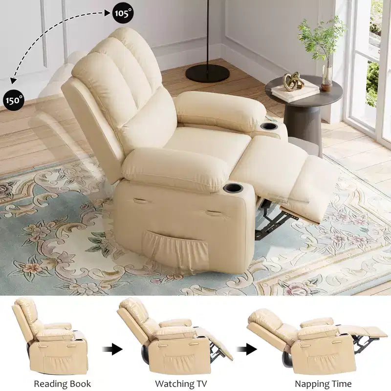 Fauteuil inclinable pour adultes, fauteuil inclinable manuel à bascule en similicuir, fauteuil inclinable pivotant à 360 degrés avec poche latérale, fauteuil inclinable simple, beige