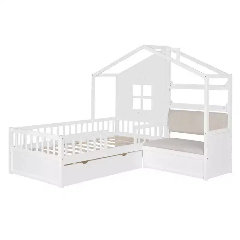 Lit cabane MAYEERTY pour enfant avec canapé, plateforme, deux tiroirs et étagère de rangement, blanc