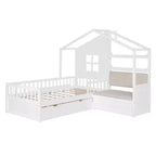 Lit cabane MAYEERTY pour enfant avec canapé, plateforme, deux tiroirs et étagère de rangement, blanc