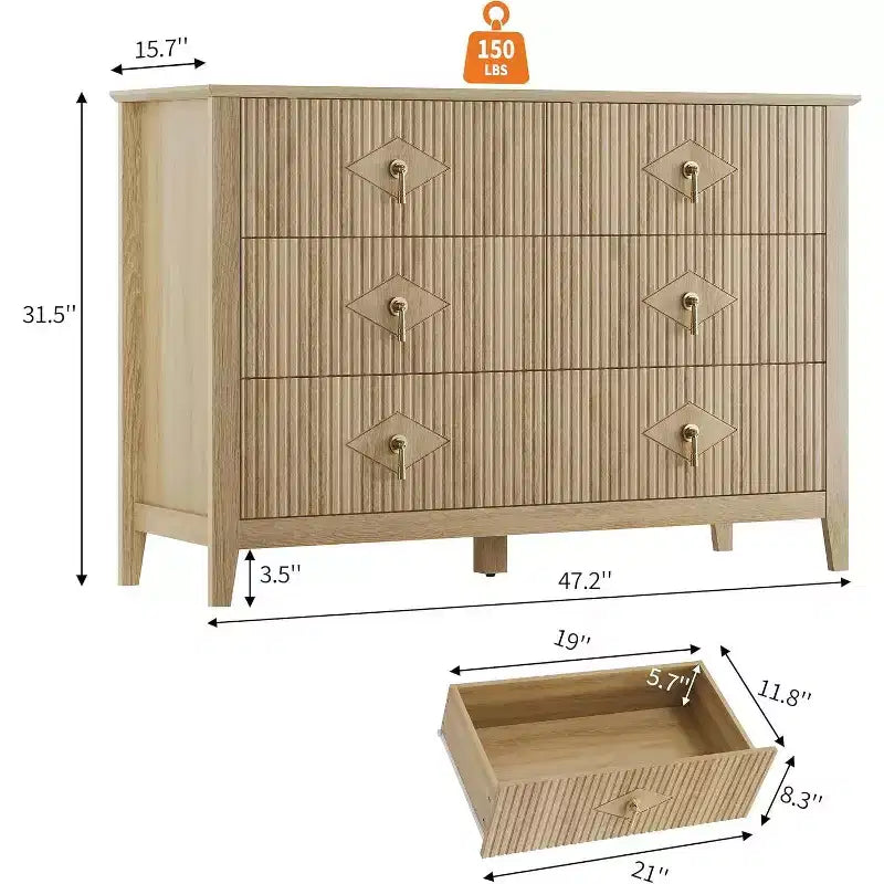 Acekool Commode cannelée à 6 tiroirs de 120 cm, Meuble de rangement moderne pour chambre à coucher, salon