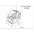 Lit superposé cabane jumeau sur jumeau avec toit, fenêtre, jardinière, porte, barrières de sécurité et échelle, gris