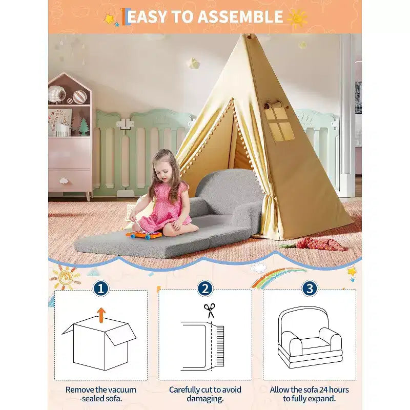 Canapé convertible 2 en 1 pour enfants Acekool, fauteuil douillet en polaire d'ours en peluche qui se transforme en chaise longue ou en lit, canapé moelleux pour enfants pour salle de jeux et chambre de bébé