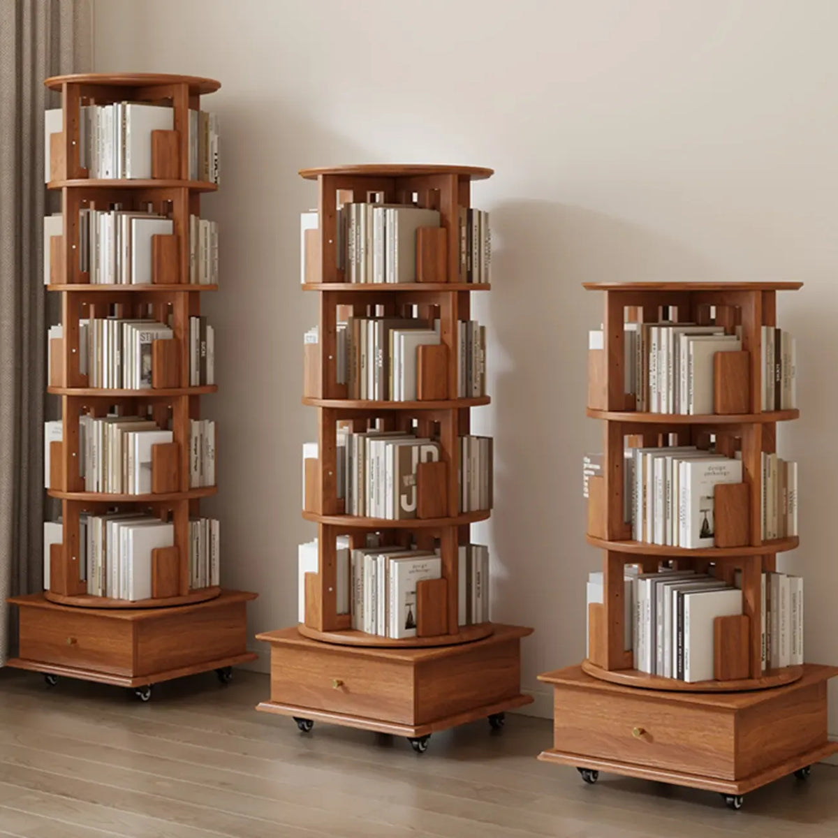 Bibliothèque verticale ouverte à l'arrière en hévéa pivotante avec tiroir