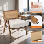 Fauteuil d'appoint de ferme du milieu du siècle - Fauteuil en bois avec dossier en rotin et coussin en lin pour salon, chambre