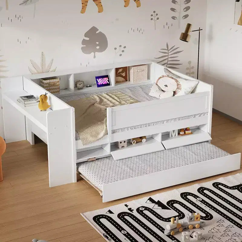 Lit de jour multifonctionnel double avec tiroirs et lit gigogne, rangement intégré à la tête de lit, table et station de recharge USB ModernLuxe