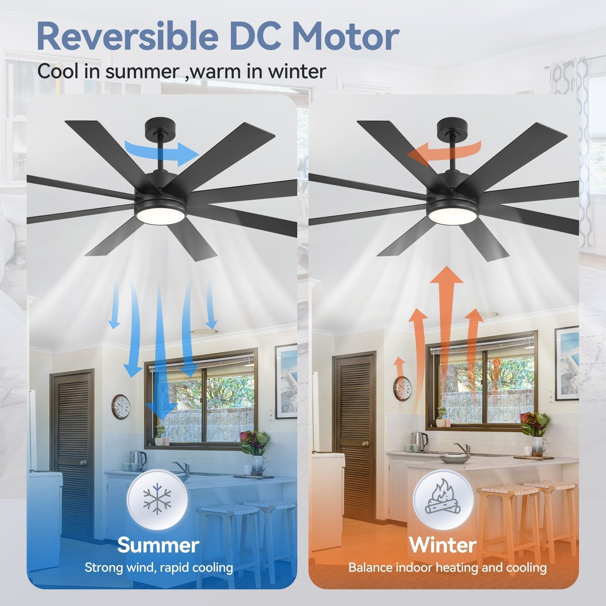 Ventilateur de plafond de 65 pouces à 8 pales noires avec lumière LED et télécommande