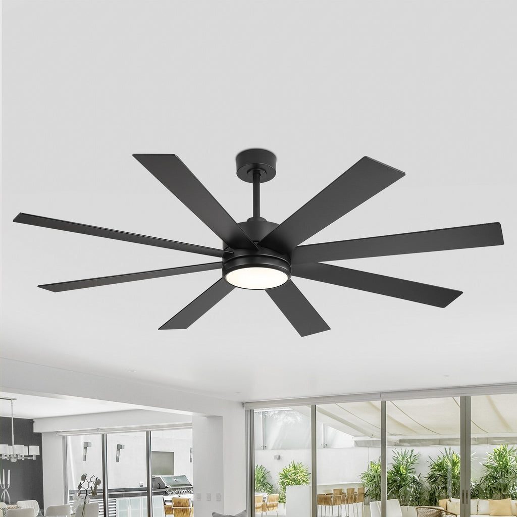 Ventilateur de plafond de 65 pouces à 8 pales noires avec lumière LED et télécommande