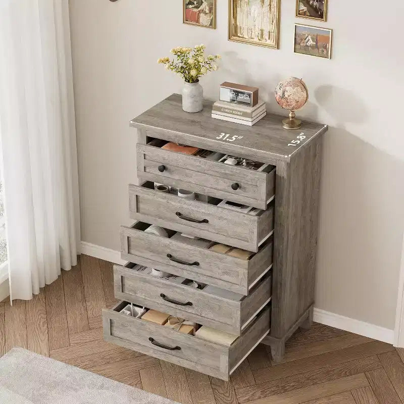 Commode à 5 tiroirs pour chambre à coucher, commode verticale haute de 105 cm avec rangement, commode de rangement en bois pour salon, chambre à coucher