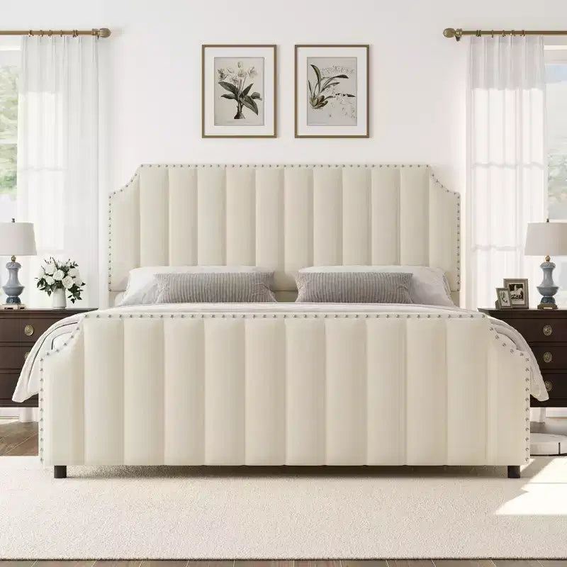 Cadre de lit WhizMax Grand lit/Très grand lit avec tête de lit de 127,5 cm de hauteur, cadre de lit Queen en velours avec tête et pied de lit touffetés à canaux verticaux