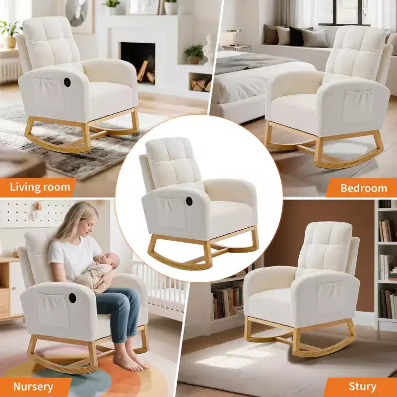Fauteuil à bascule moderne pour chambre d'enfant, fauteuil à bascule en lin avec port USB et pochette latérale, fauteuil à bascule planeur pour salon, chambre à coucher, salle d'allaitement