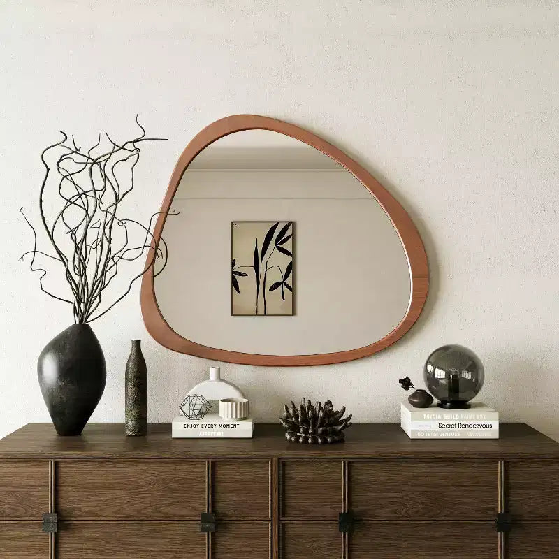 Miroir Asymétrique en Bois Massif 45 Pouces, Miroir Mural avec Cadre en Bois, Grand Miroir de Chambre/Coiffeuse
