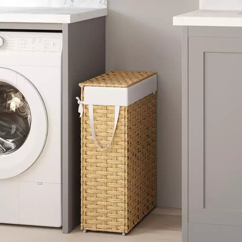 Panier à linge fin de 55 litres avec couvercle, en rotin, pliable, avec couvercle et poignées, doublure amovible