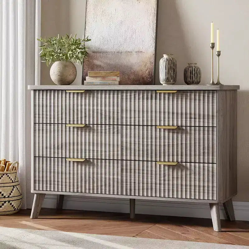 Commode 6 tiroirs pour chambre à coucher, commode de 120 cm de large avec profil incurvé, tiroirs en bois cannelé, commode moderne pour salon