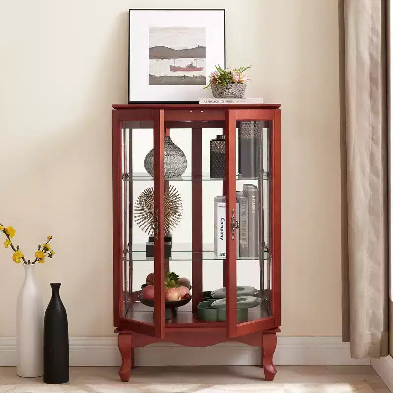 Vitrine à 2 portes avec portes en verre trempé, panneau arrière miroir, étagères réglables et éclairage pour le bureau à domicile