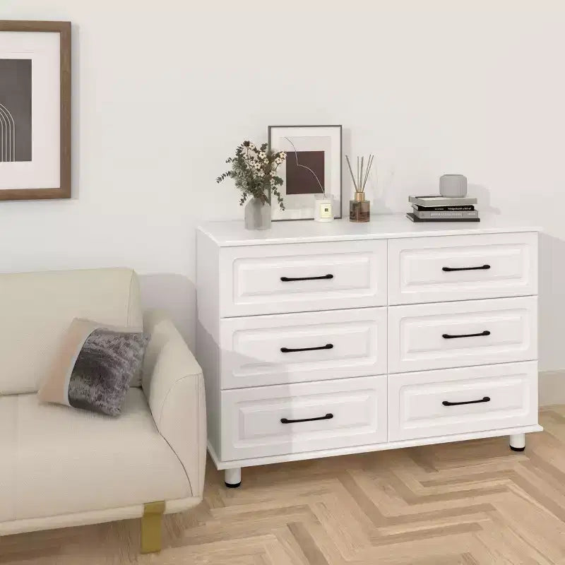 Commode blanche Sandinrayli pour chambre à coucher, commode large à 6 tiroirs, table de chevet moderne, commodes en bois avec poignées en acier, blanc
