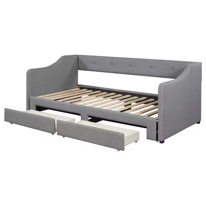 Lit de repos tapissé Whisen de taille double XL extensible en très grand lit, avec deux tiroirs