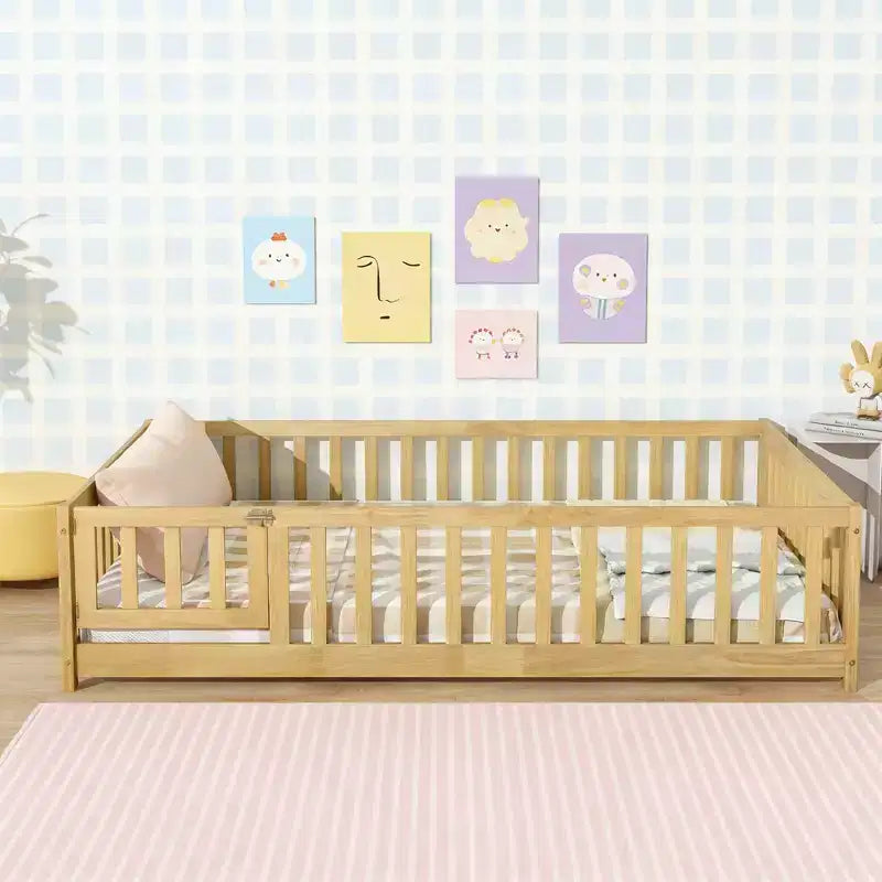 Lit au sol pleine grandeur Luxystar avec clôture et porte pour chambre d'enfant