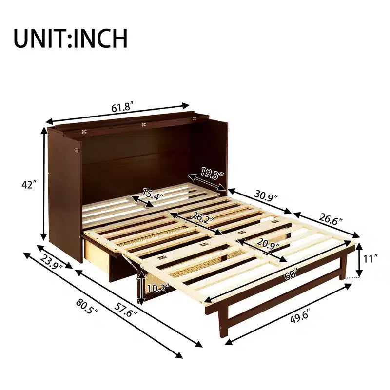 Lit escamotable Whisen Queen Size en pin avec décoration en rotin et tiroir de rangement