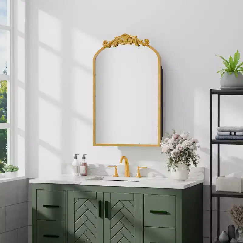 Armoire à pharmacie en fer forgé doré de 19,5 x 29,64 pouces avec miroir, armoire de salle de bain avec miroir sculpté