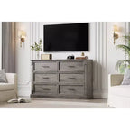 Commode de ferme à 6 tiroirs, commode rustique en bois avec poignées en métal, grande commode de rangement pour meuble TV pour salon, chambre d'enfant, chambre à coucher