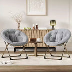 Fauteuil à bascule, Fauteuil lune surdimensionné avec coussin moelleux et cadre en métal doré, Chaise lune intérieure/extérieure pour salon, chambre, gris (2 pièces)