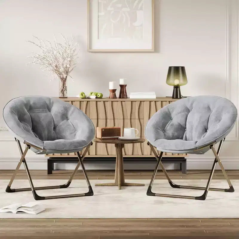 Fauteuil à bascule, Fauteuil lune surdimensionné avec coussin moelleux et cadre en métal doré, Chaise lune intérieure/extérieure pour salon, chambre, gris (2 pièces)