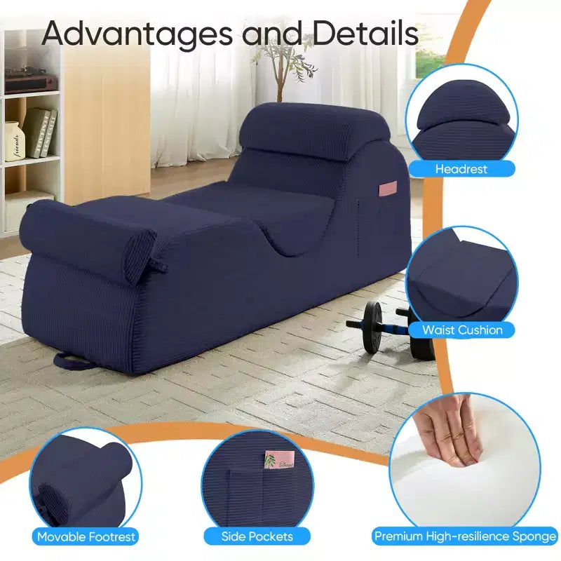 Mjkone Chaise Longue de Yoga en Velours Côtelé, Canapé de Yoga Incurvé avec Appui-Tête/Coussin Lombaire/Repose-Pieds Amovibles, Base Antidérapante