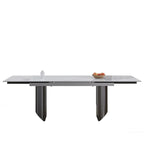 Ensemble de salle à manger extensible moderne et minimaliste 9 pièces 94.48 avec plateau en pierre frittée et double piédestal, avec 8 chaises en tissu