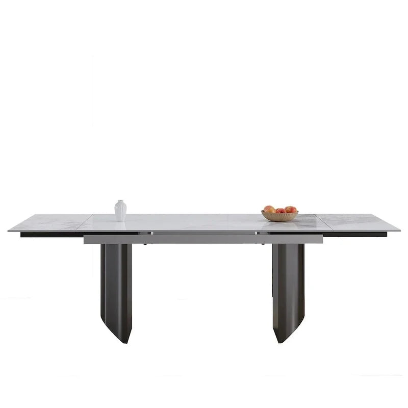 Ensemble de salle à manger extensible moderne et minimaliste 9 pièces 94.48 avec plateau en pierre frittée et double piédestal, avec 8 chaises en tissu
