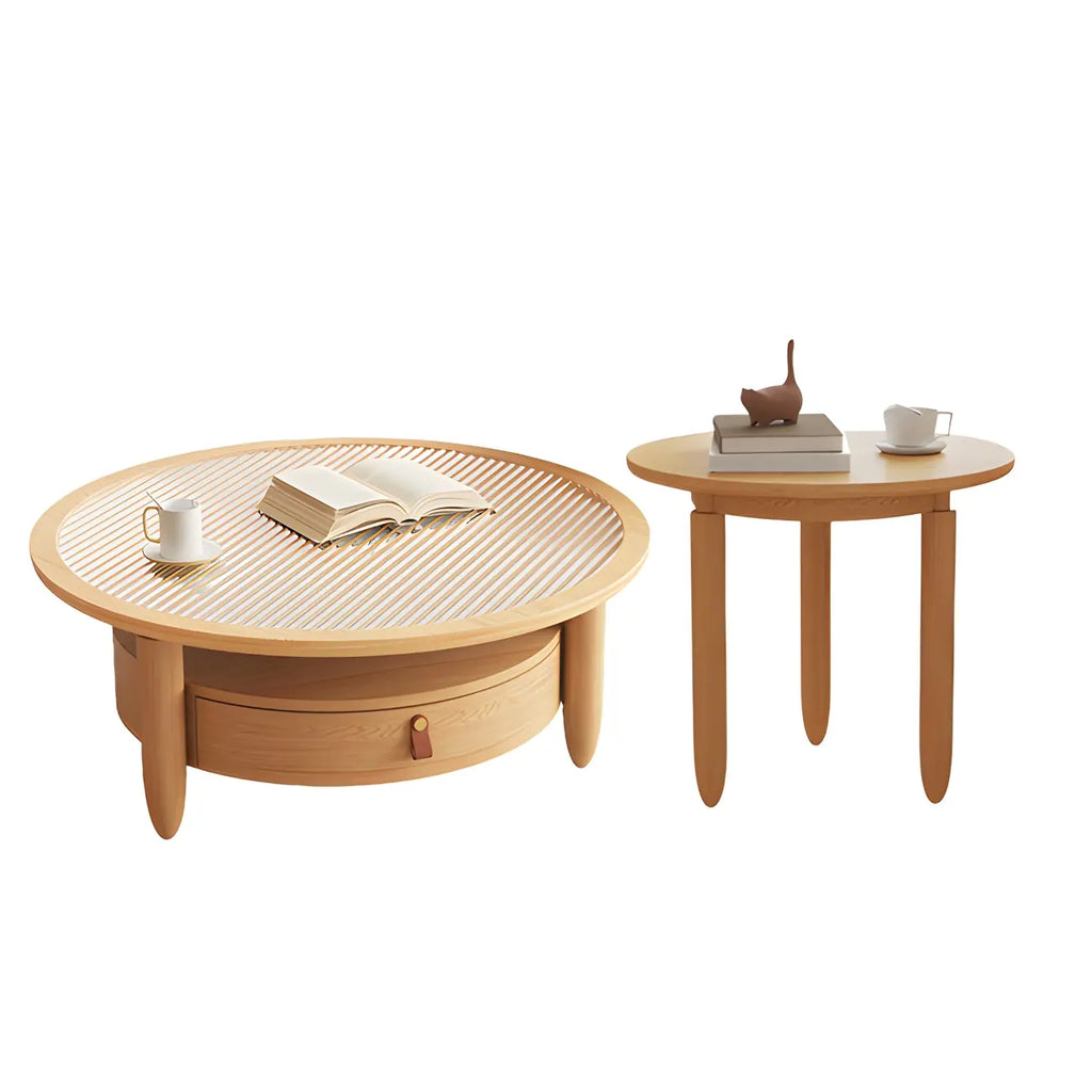 Table basse à tiroirs en bois et verre, marron, ronde et moderne
