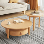 Table basse à tiroirs en bois et verre, marron, ronde et moderne