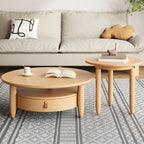 Table basse à tiroirs en bois et verre, marron, ronde et moderne