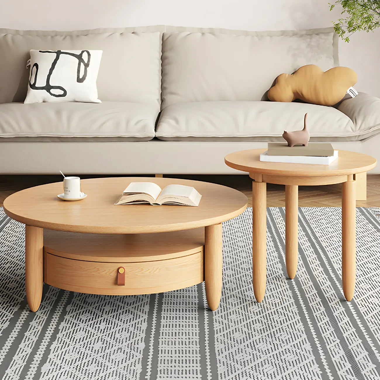 Table basse à tiroirs en bois et verre, marron, ronde et moderne