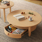 Table basse à tiroirs en bois et verre, marron, ronde et moderne