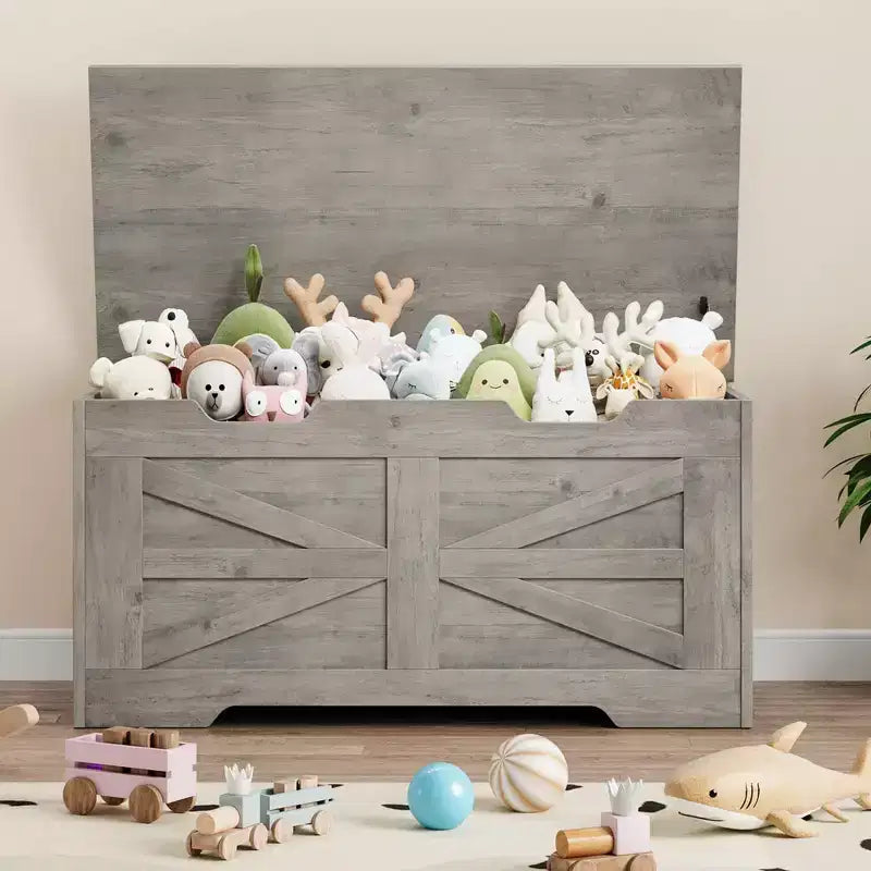 Banc de rangement polyvalent en bois avec couvercle à charnière de sécurité – Coffre de style ferme et organisateur de jouets pour entrée, salon, chambre à coucher