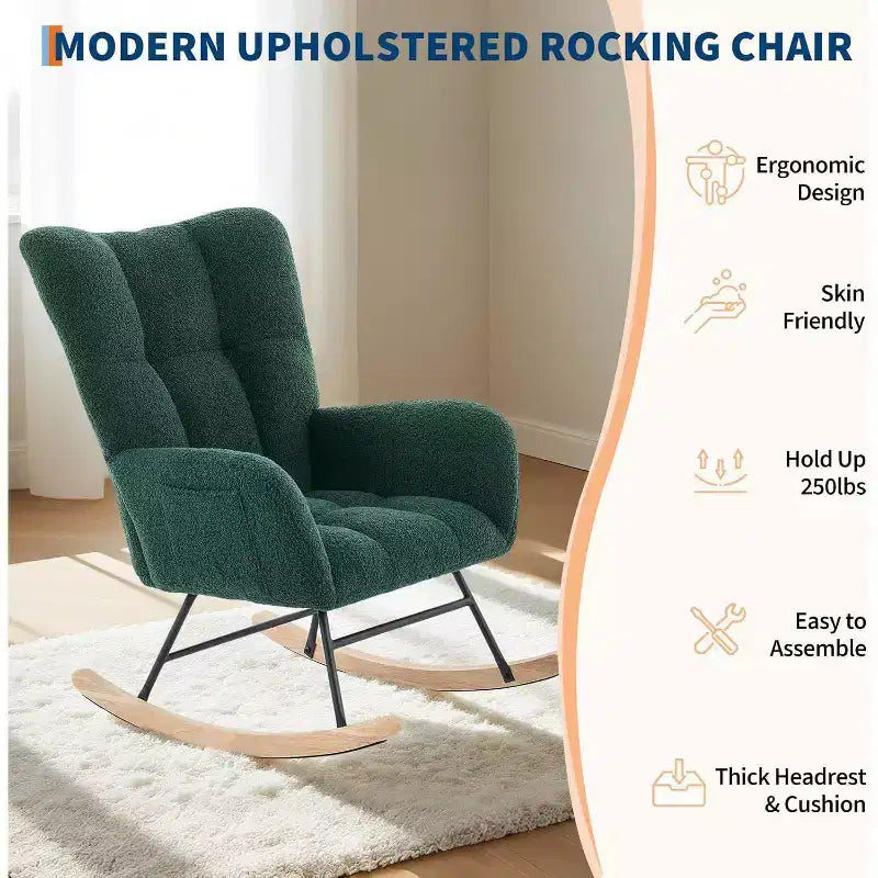 Fauteuil à bascule Teddy avec oreiller et dossier haut, fauteuil d'appoint rembourré en tissu pour chambre d'enfant, salon, chambre à coucher