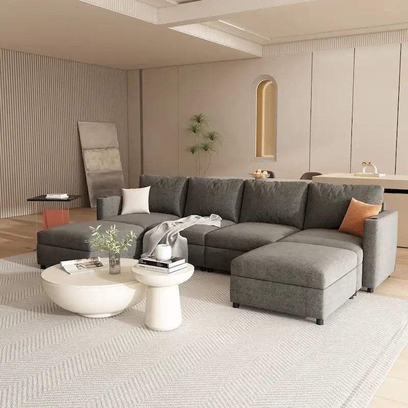 Canapé d'angle modulable 4 places en U gris 123 avec poufs de rangement