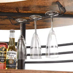 Table de bar industrielle ovale VECELO, table haute à 3 niveaux avec casier à vin et porte-verres, meuble de bar d'angle avec repose-pieds Marron/Gris/Chêne