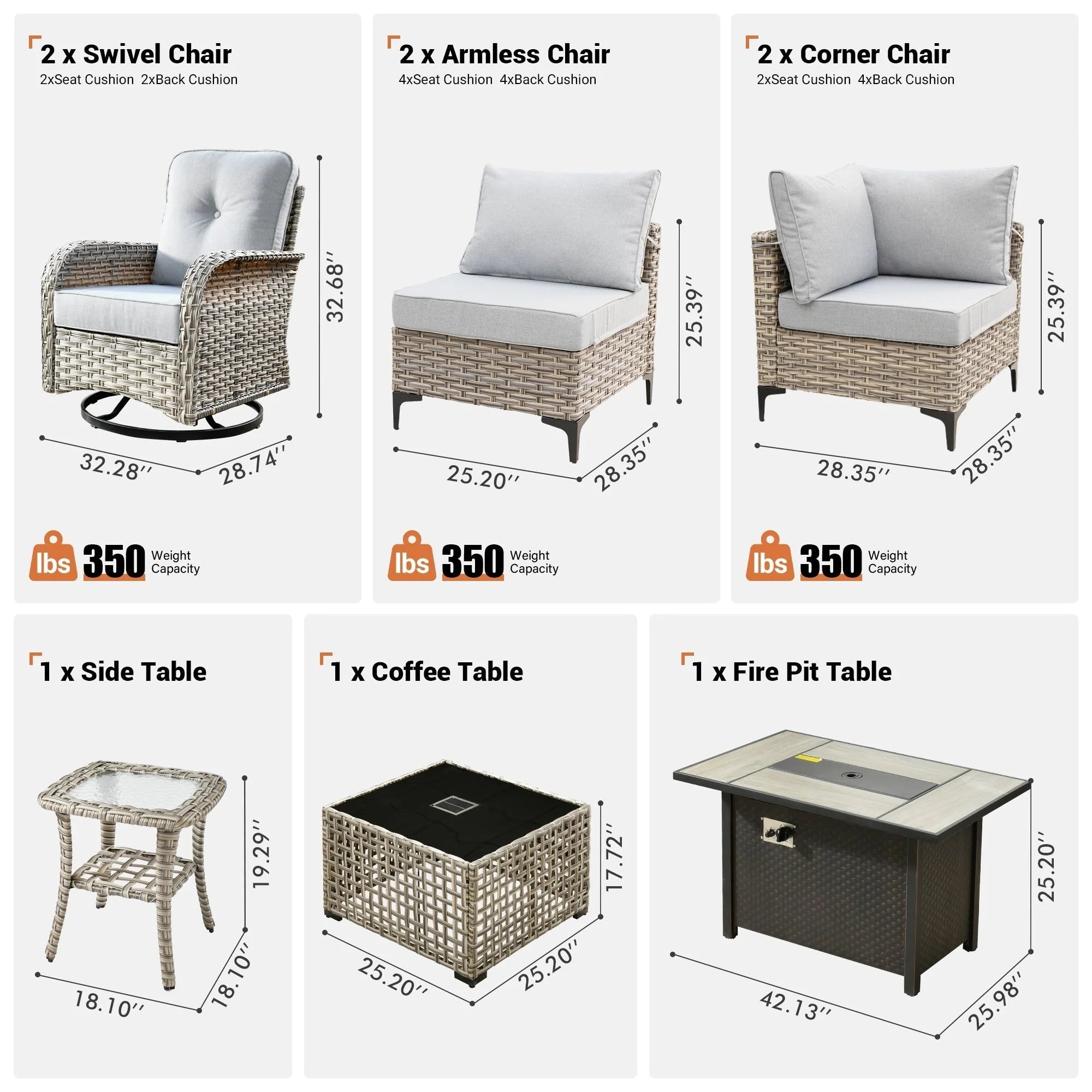 Ensemble de 9 chaises pivotantes en osier d'extérieur OVIOS avec table brasero