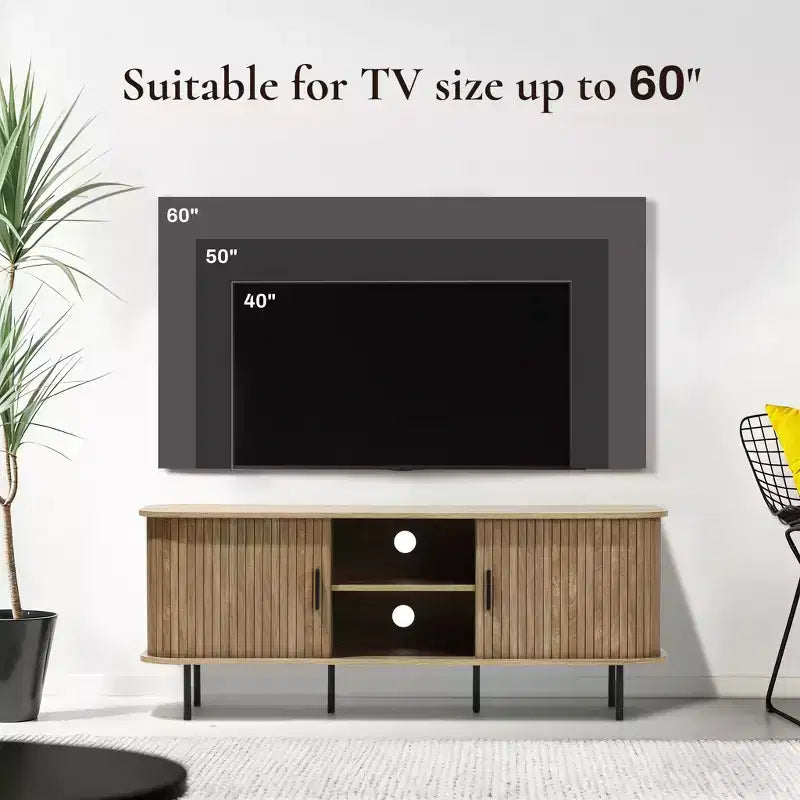 Meuble TV LuxenHome 55 po de style moderne du milieu du siècle avec porte coulissante pour téléviseurs jusqu'à 60 po, centre de divertissement avec rangement et étagères, marron