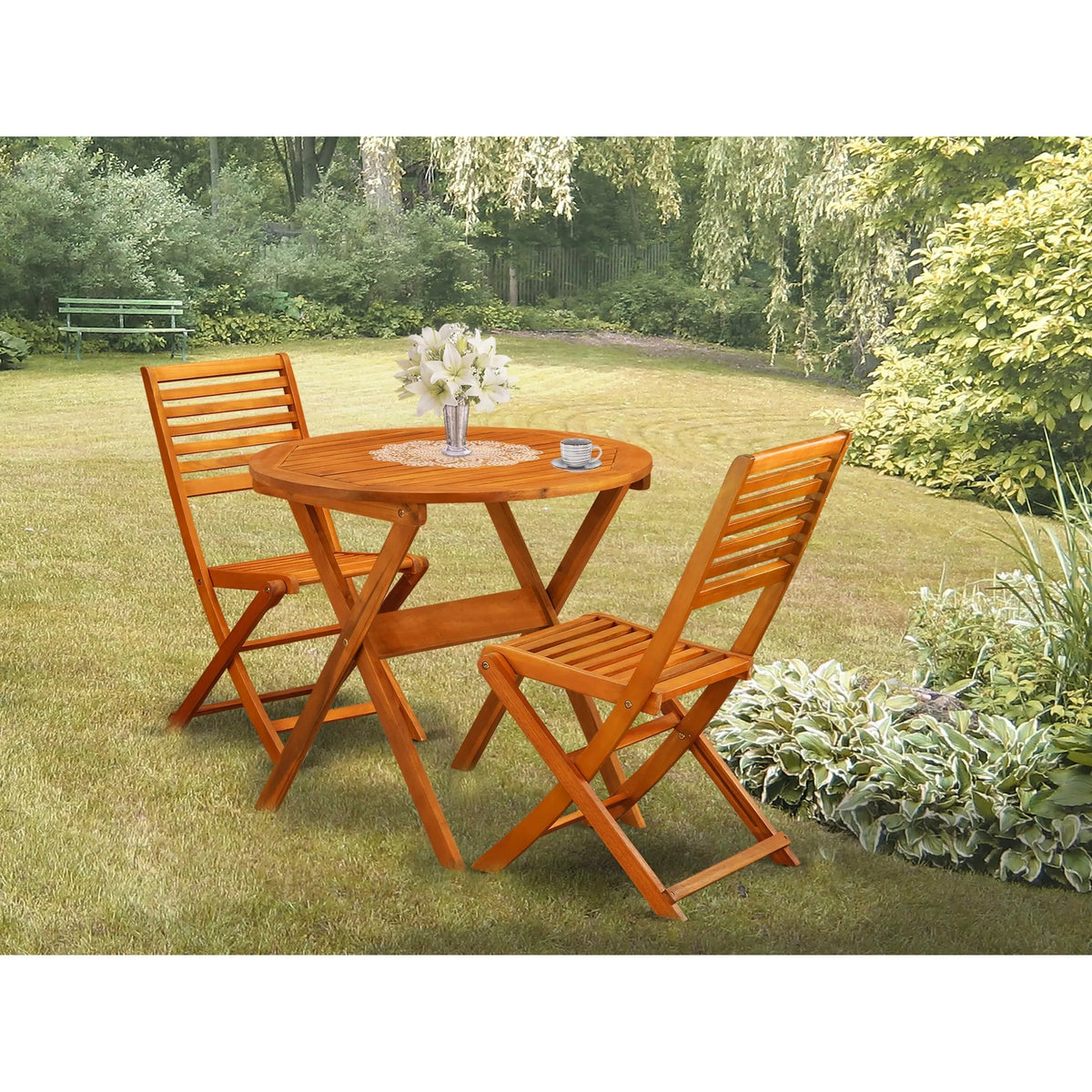 East West Furniture Ensemble Bistro de conversation d'extérieur comprenant une table basse ronde en bois et 2 chaises pliantes, Huile naturelle