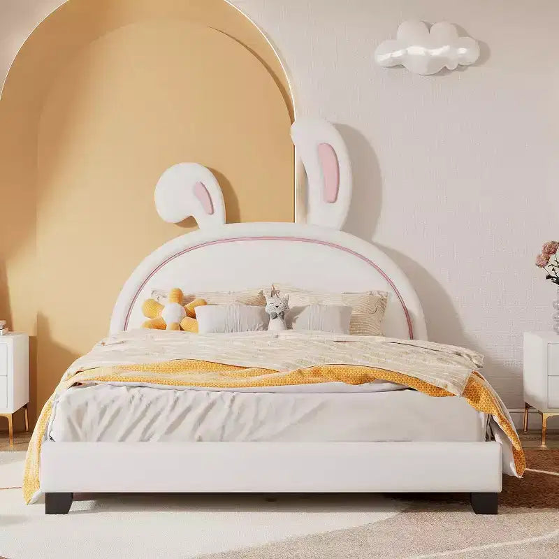 Cadre de lit double, cadre de lit avec ornement de lapin pour enfants, lit plateforme en cuir rembourré avec tête de lit à oreilles, montage facile, blanc