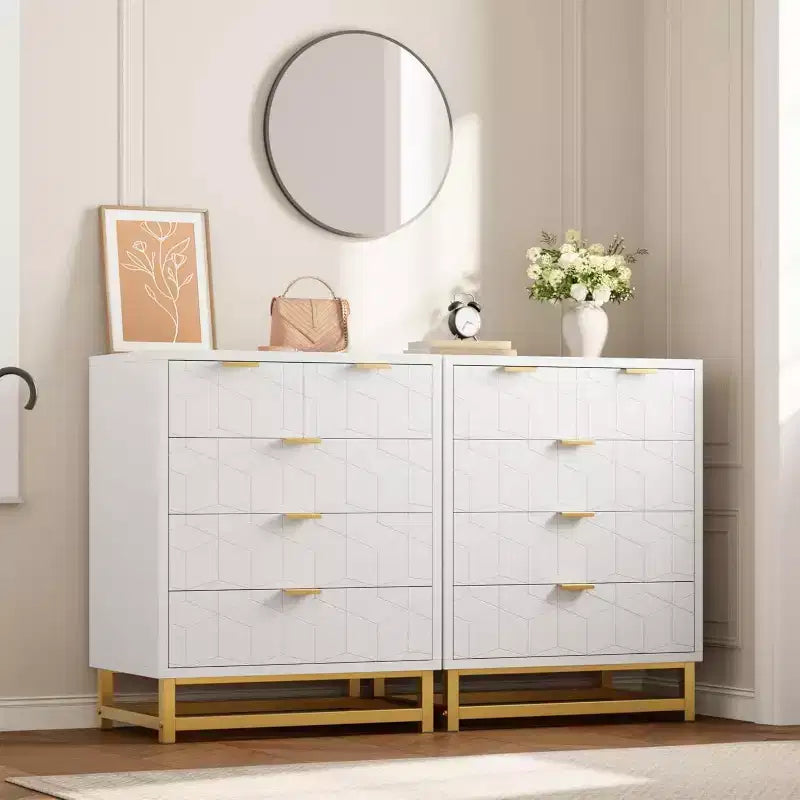 Commode de rangement moderne Acekool à 5 tiroirs avec poignées métalliques pour chambre, salon ou entrée - Blanc avec pieds en métal doré